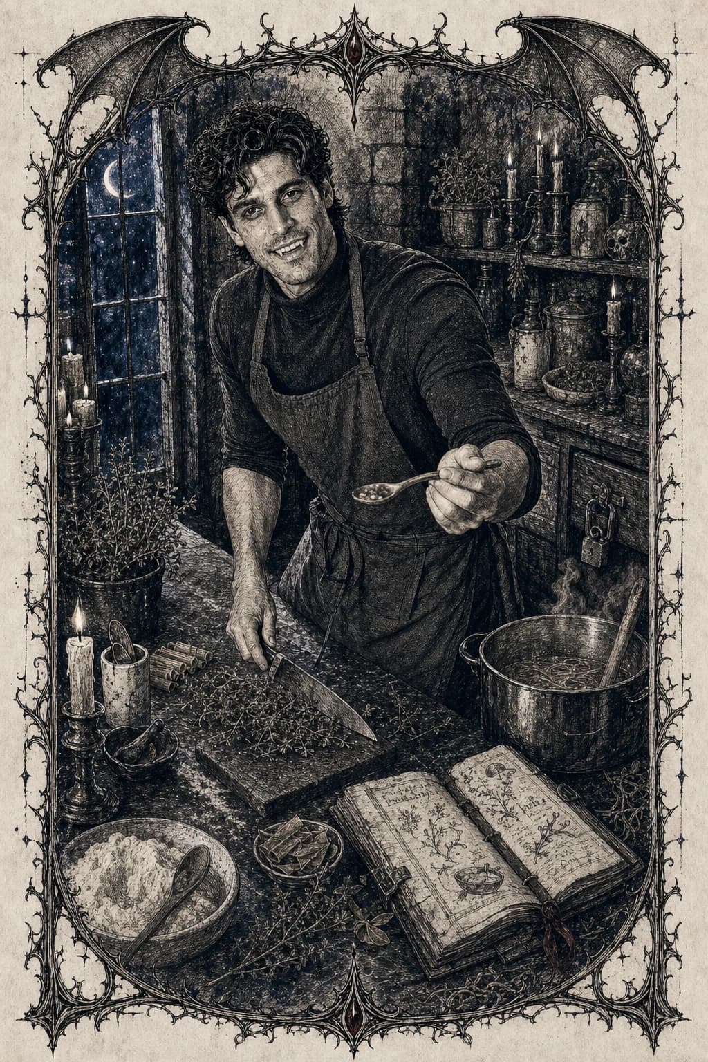 Silas kocht bei Kerzenlicht in der Küche des Nachthauses