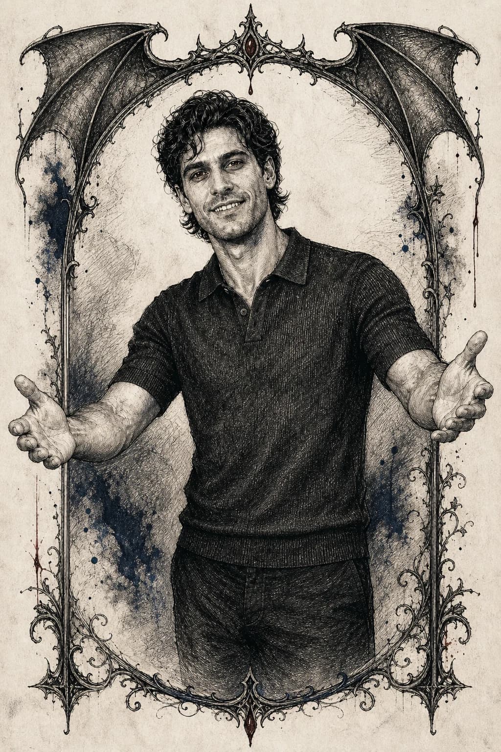 Silas, der einladende vampirische Maler, lächelt mit offenen Armen